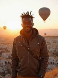 Breathtakingly man as digital nomad with hot air balloons in the background in cappadocia, Türkiye. Cappadocia, Turkey