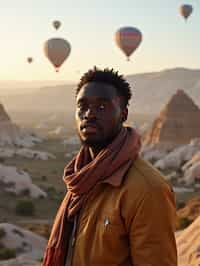 Breathtakingly man as digital nomad with hot air balloons in the background in cappadocia, Türkiye. Cappadocia, Turkey