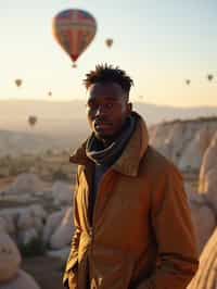 Breathtakingly man as digital nomad with hot air balloons in the background in cappadocia, Türkiye. Cappadocia, Turkey