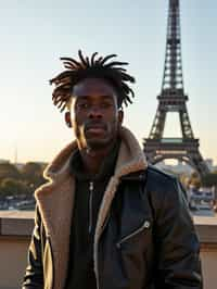 man as digital nomad in Paris with the Eiffel Tower in background