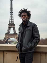 man as digital nomad in Paris with the Eiffel Tower in background