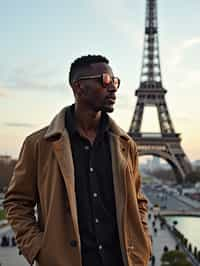 man as digital nomad in Paris with the Eiffel Tower in background