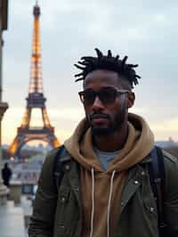 man as digital nomad in Paris with the Eiffel Tower in background