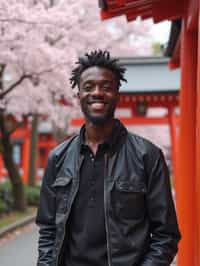 man as digital nomad in Japan with Japanese Cherry Blossom Trees and Japanese temples in background