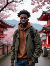 man as digital nomad in Japan with Japanese Cherry Blossom Trees and Japanese temples in background