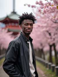 man as digital nomad in Japan with Japanese Cherry Blossom Trees and Japanese temples in background