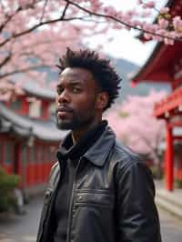 man as digital nomad in Japan with Japanese Cherry Blossom Trees and Japanese temples in background