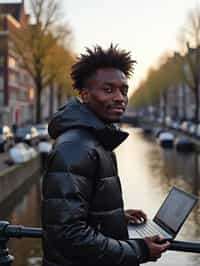 man as digital nomad in Amsterdam with the Amsterdam Canals in background