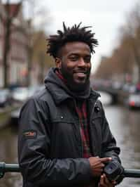 man as digital nomad in Amsterdam with the Amsterdam Canals in background