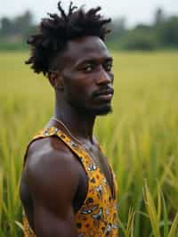 man as digital nomad in Canggu, Bali near rice fields