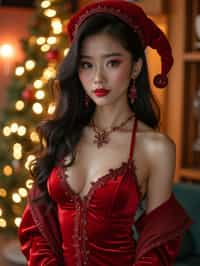 woman wearing (naughty Christmas) (sexy Christmas costume) (velvet dress) (Christmas outfit), festive outfit posing for photo, background is Christmas decorations and lights