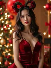 woman wearing (naughty Christmas) (sexy Christmas costume) (velvet dress) (Christmas outfit), festive outfit posing for photo, background is Christmas decorations and lights