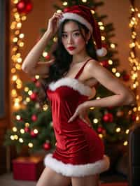 woman wearing (naughty Christmas) (sexy Christmas costume) (velvet dress) (Christmas outfit), festive outfit posing for photo, background is Christmas decorations and lights