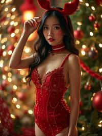 woman wearing (naughty Christmas) (sexy Christmas costume) festive outfit posing for photo, background is Christmas tree and lights