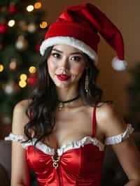 woman wearing (naughty Christmas) (sexy Christmas costume) elf outfit posing for photo