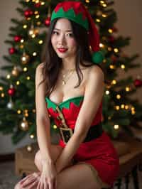 woman wearing (naughty Christmas) (sexy Christmas costume) elf outfit posing for photo