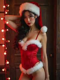 woman wearing (naughty Christmas) (sexy Christmas costume) Santa outfit posing for photo