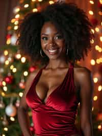 woman wearing (naughty Christmas) (sexy Christmas costume) (velvet dress) (Christmas outfit), festive outfit posing for photo, background is Christmas decorations and lights