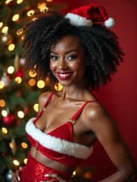 woman wearing (naughty Christmas) (sexy Christmas costume) festive outfit posing for photo, background is Christmas tree and lights