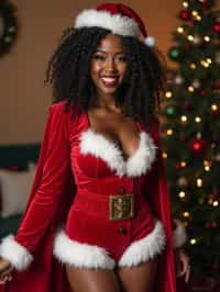 woman wearing (naughty Christmas) (sexy Christmas costume) Santa outfit posing for photo