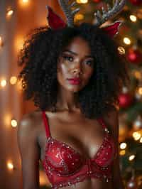 a woman wearing sexy Christmas outfit, reindeer antlers, lingerie, fishnets, snowflakes, Christmas decorations