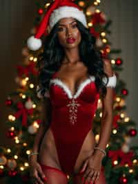 a woman wearing sexy Christmas costume, (velvet red bodysuit), stockings, elf ears, lingerie, fishnets, snowflakes, Christmas tree background