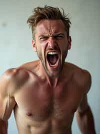 exaggerated angry furious rage man, blank background