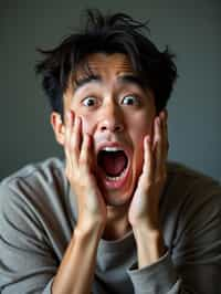 exaggerated faces of man expressing shock holding own face in hands