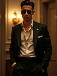 beautiful man as a mobster, mafia, mafia outfit, tailored suits, chunky gold jewelry, mafia aesthetic, flashy, glamorous, luxury, loud, Goodfellas, The Sopranos, Mob Wives, opulence, confidence