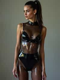 woman wearing (Smoky Black transparent latex glossy reflective top), (Smoky Black transparent latex glossy reflective  stockings), (Smoky Black transparent latex glossy reflective  high waist panties) and (transparent high heels). hair in a tight ponytail.