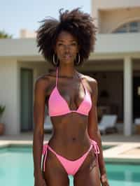 a woman wearing sexy (pink pu leather bikini) standing in front of luxury design villa