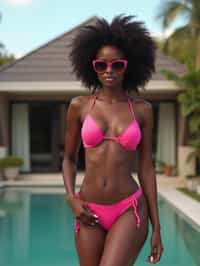 a woman wearing sexy (pink pu leather bikini) standing in front of luxury design villa