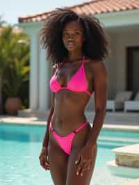 a woman wearing sexy (pink pu leather bikini) standing in front of luxury design villa