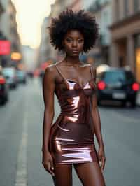 a woman wearing sexy (pvc latex glossy reflective mini dress) standing in street