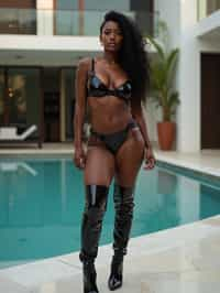 a woman wearing sexy (pvc latex glossy black reflective thigh high boots and black glossy bikini) standing in front of luxury design villa