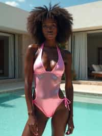 a woman wearing sexy (pvc latex glossy pink reflective silver bikini that mirrors the surroundings), standing in front of luxury design villa