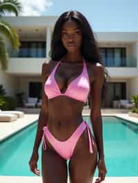 a woman wearing sexy (pvc latex glossy pink reflective silver bikini that mirrors the surroundings), standing in front of luxury design villa