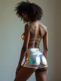 full body photo side view of woman posing for photo. she is wearing holographic, glossy reflective, mini skirt that mirrors the surroundings. she is posed in a way that emphasizes their exaggerated, idealized body shapes, exaggerated buttocks.