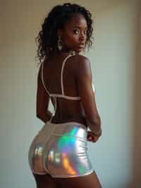 full body photo side view of woman posing for photo. she is wearing holographic, glossy reflective, mini skirt that mirrors the surroundings. she is posed in a way that emphasizes their exaggerated, idealized body shapes, exaggerated buttocks.