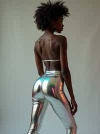 full body photo side view of woman posing for photo. she is wearing holographic skin tight, glossy reflective pants that mirrors the surroundings. she is posed in a way that emphasizes their exaggerated, idealized body shapes, exaggerated buttocks.