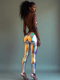 full body photo side view of woman posing for photo. she is wearing holographic skin tight, glossy reflective pants that mirrors the surroundings. she is posed in a way that emphasizes their exaggerated, idealized body shapes, exaggerated buttocks.