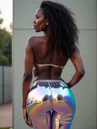 full body photo side view of woman posing for photo. she is wearing holographic skin tight, glossy reflective pants that mirrors the surroundings. she is posed in a way that emphasizes their exaggerated, idealized body shapes, exaggerated buttocks.