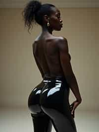 full body photo side view of woman posing for photo. she is wearing black skin tight, glossy reflective pants that mirrors the surroundings. she is posed in a way that emphasizes their exaggerated, idealized body shapes, exaggerated buttocks.