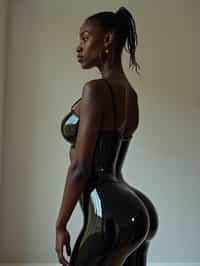 full body photo side view of woman posing for photo. she is wearing black skin tight, glossy reflective pants that mirrors the surroundings. she is posed in a way that emphasizes their exaggerated, idealized body shapes, exaggerated buttocks.