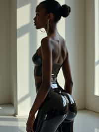 full body photo side view of woman posing for photo. she is wearing black skin tight, glossy reflective pants that mirrors the surroundings. she is posed in a way that emphasizes their exaggerated, idealized body shapes, exaggerated buttocks.