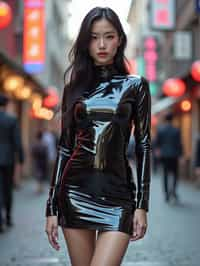 a woman wearing sexy (pvc latex glossy reflective mini dress) standing in street