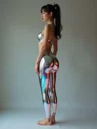 full body photo side view of woman posing for photo. she is wearing holographic skin tight, glossy reflective pants that mirrors the surroundings. she is posed in a way that emphasizes their exaggerated, idealized body shapes, exaggerated buttocks.