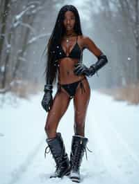 full body shot of hot woman wearing black bikini standing posing in the snow, (standing in snow), shiny snow surface, slim waist, long straightened hair, snow drops everywhere flying, wearing ( moon boots chanel boots)