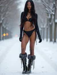 full body shot of hot woman wearing black bikini standing posing in the snow, (standing in snow), shiny snow surface, slim waist, long straightened hair, snow drops everywhere flying, wearing ( moon boots chanel boots)