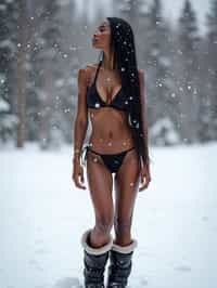 full body shot of hot black bikini woman standing posing in the snow, (standing in snow), shiny snow surface, slim waist, long straightened hair, snow drops everywhere flying, wearing snow boots, wearing moon boots